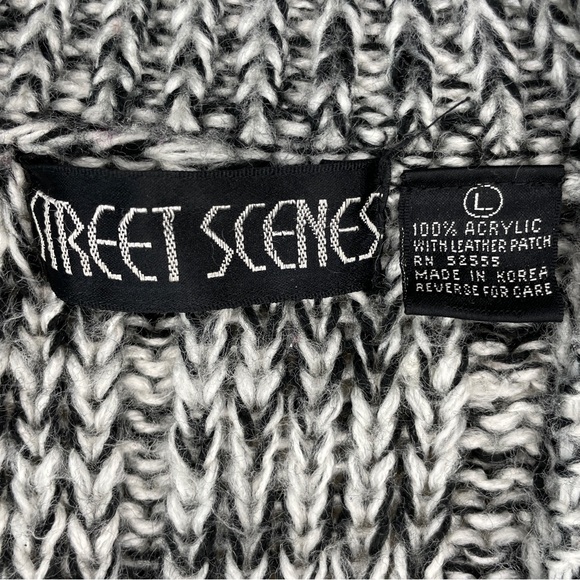Vintage 80s Street Scenes Chunky Knit Leather Patches Cardigan - Black & White - Picture 5 of 15